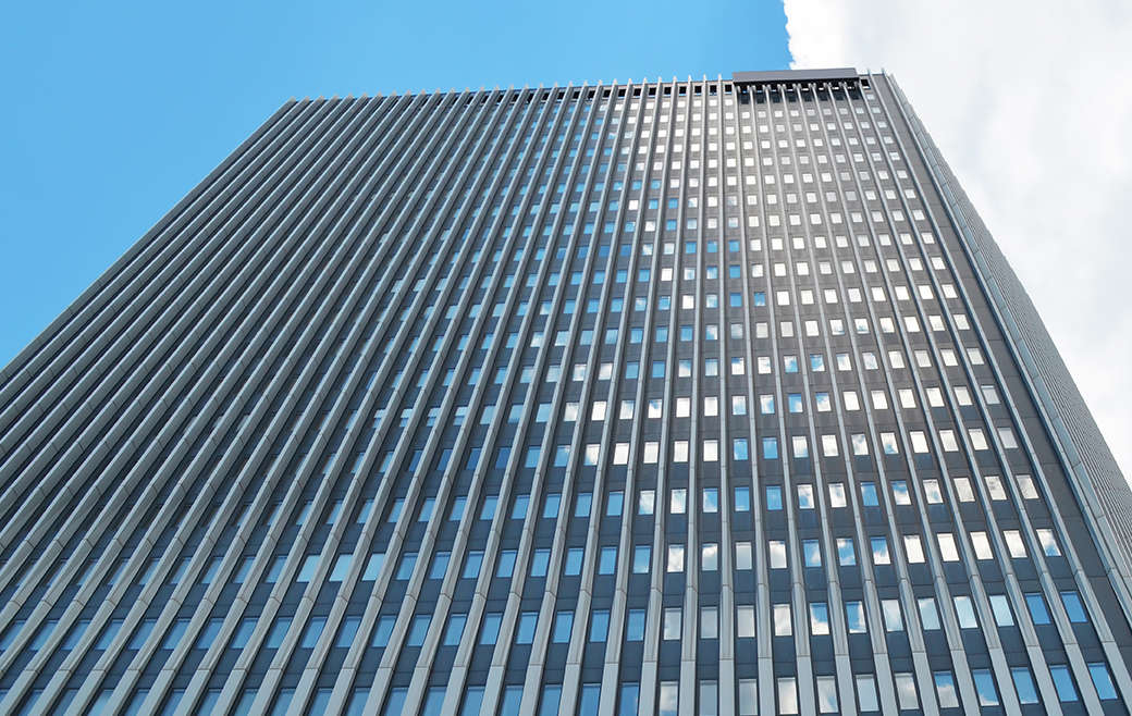 Beautiful skyscraper on sunny day. Modern architectural design